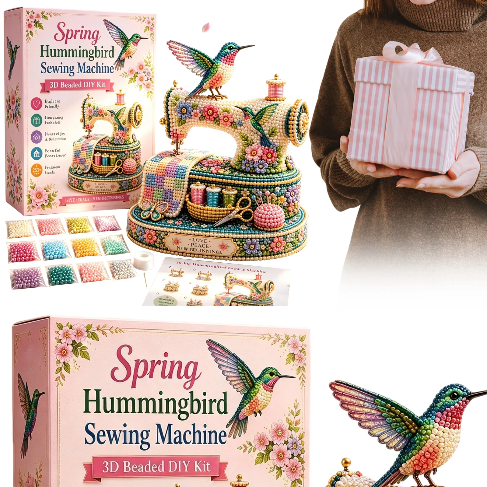 Kit de perlage 3D DIY Colibri Printanier avec instructions, pour débutants adultes et passionnés d'artisanat