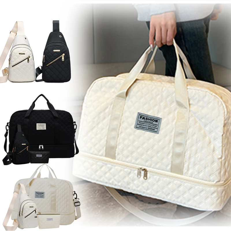 

The neutral color three-piece travel bag consists of a large handbag, a chest bag and a small makeup bag, suitable for travel.