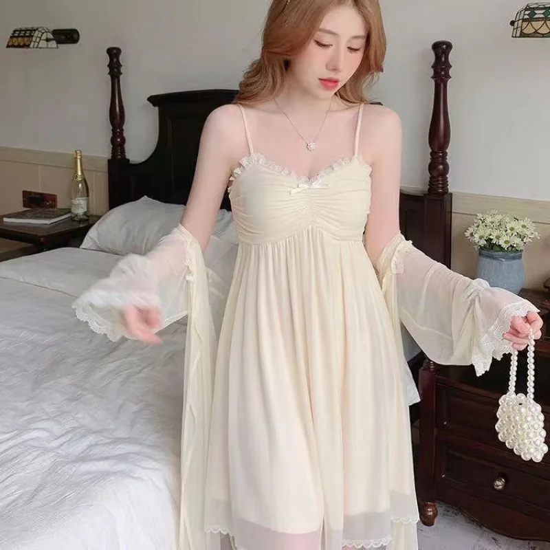 Women\'s Summer Long Sleeved Sexy Camisole Pajamas Dress Chest Pads Thin Internet Celebrity Home Clothing Two-piece Set Nightgown