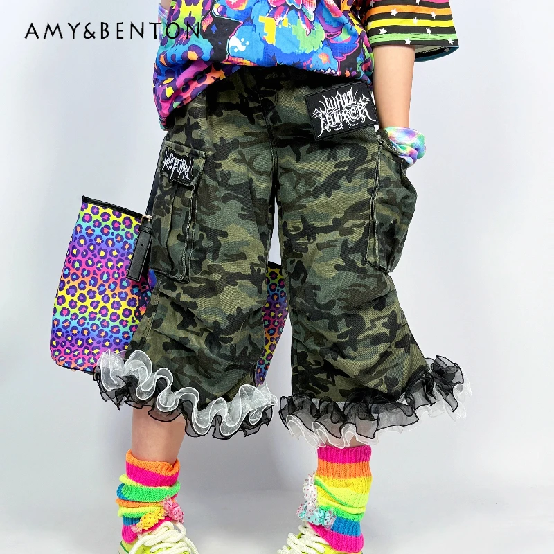 

Original Heavy Craft Y2K Sweet Cool Camouflage Lace Women's Pants Summer Personality Fashion Loose Slimming Denim Capris Ladies