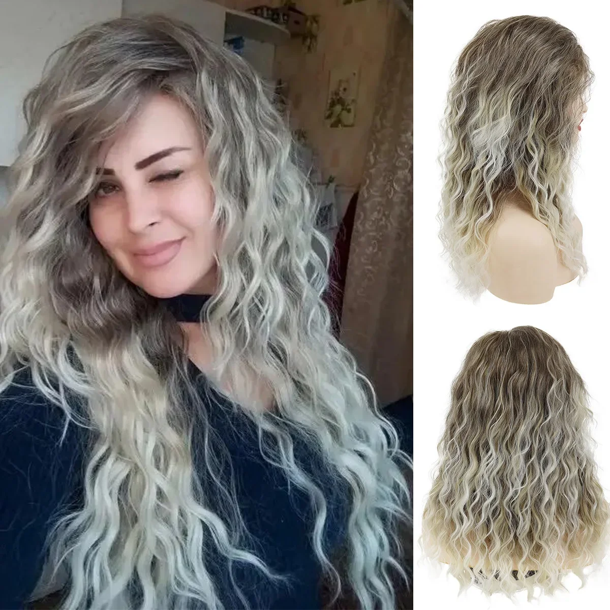 

Synthetic 22" Long Curly Wig Ombre Blonde Color Hair with Free Part Bangs Natural Wig Average Head Wig Wavy Cut Carnival Wig