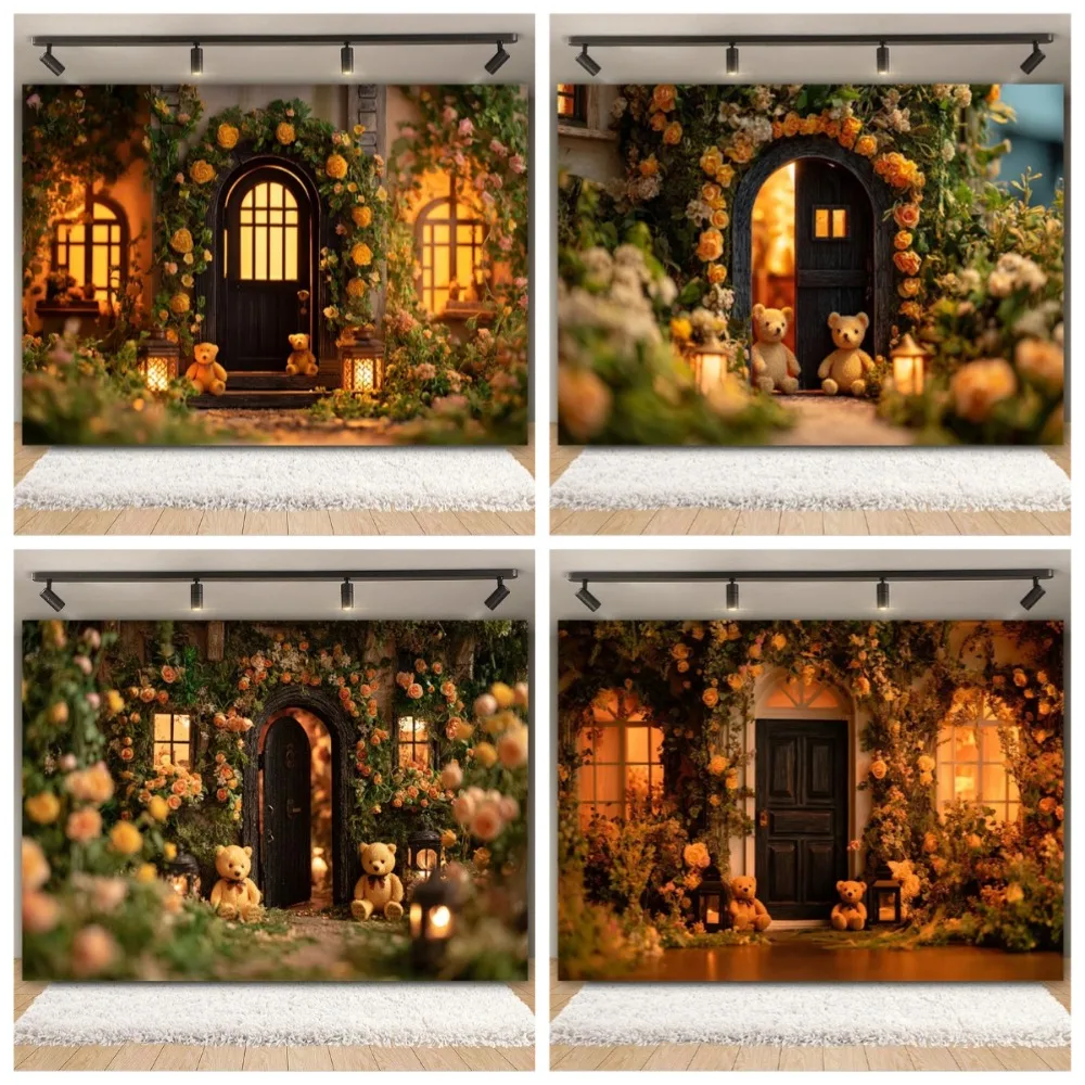

Vintage Fairy Tale House Banner Shooting Background, Cute Bear Arched Flower String Lantern Children Birthday Shooting Backdrop