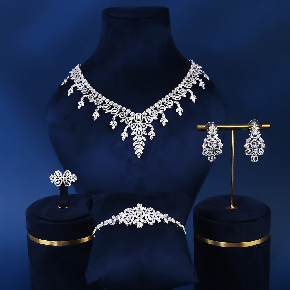 10095 Blue Coast 4pcs Bridal Zirconia Full Jewelry Sets For Women Party, Luxury Dubai Nigeria CZ Crystal Wedding Necklace