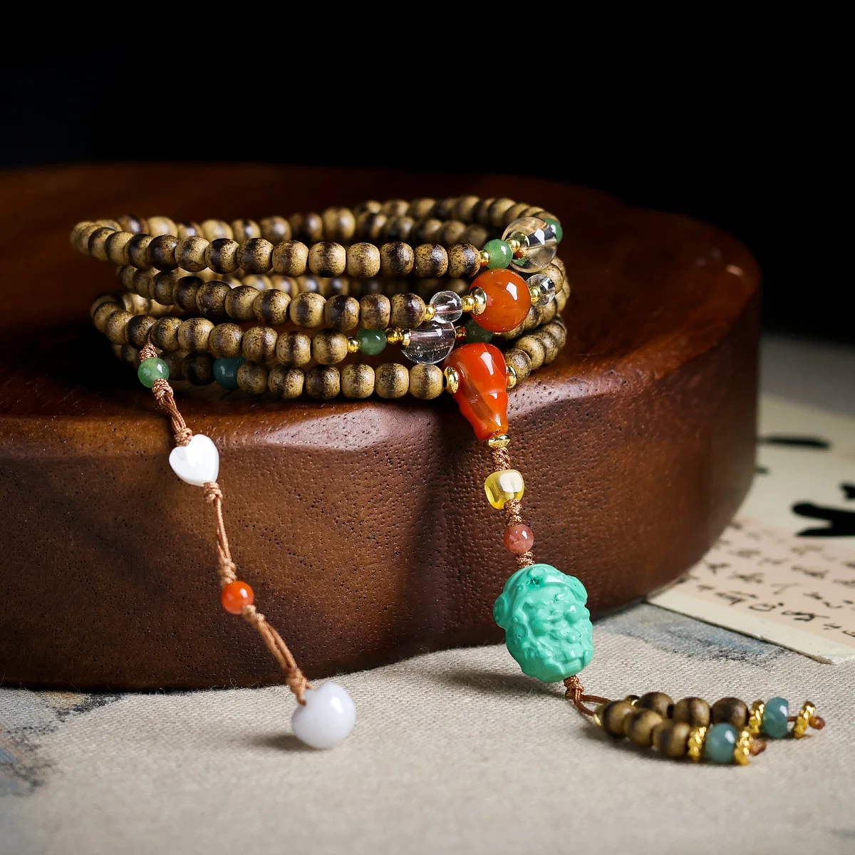 Multi Strand Butter Agarwood Bracelet Turquoise God of Wealth Jade Apple Necklace Gifts