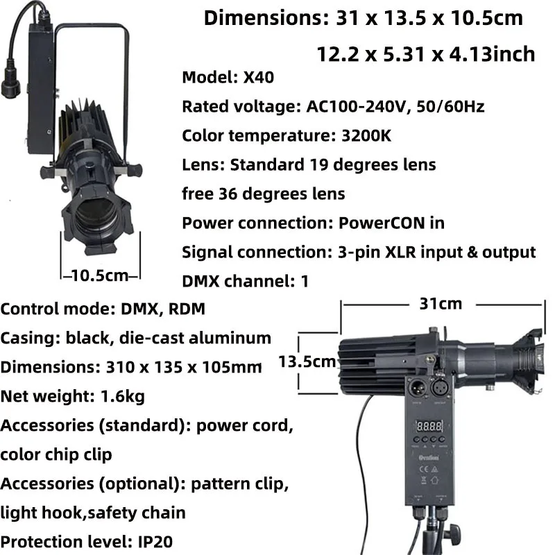 Fixed Degree Leko Ellipsoidal Lights 3200K 40W 19° and 36° LED Profile Spotlight COB Gobo Follow Projector for Stage Lighting