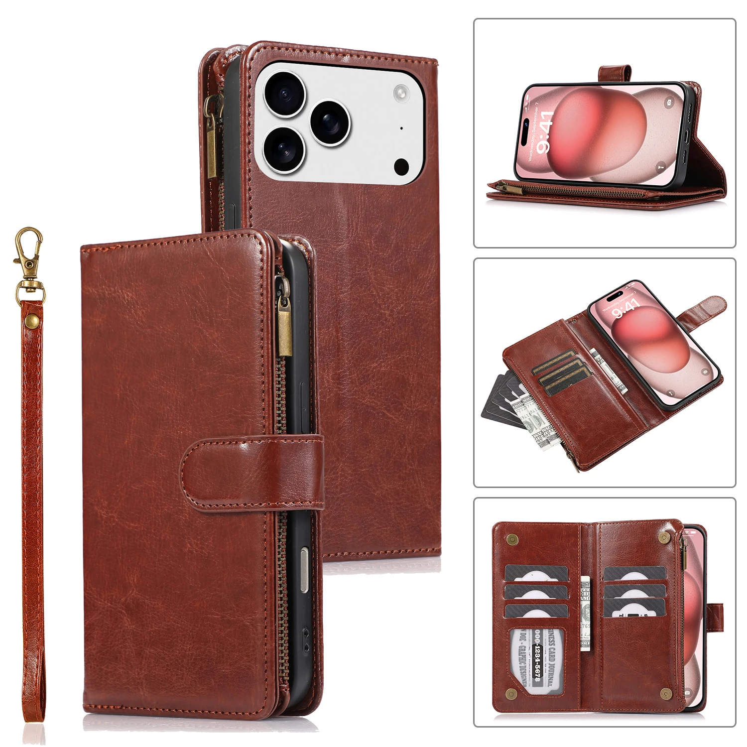 Funda de cuero tipo billetera con tapa Solt para tarjetas con cremallera de lujo para iPhone 17 Pro Max 16 Plus 15 14 13 12 11 17air Bag funda con soporte de bolsillo