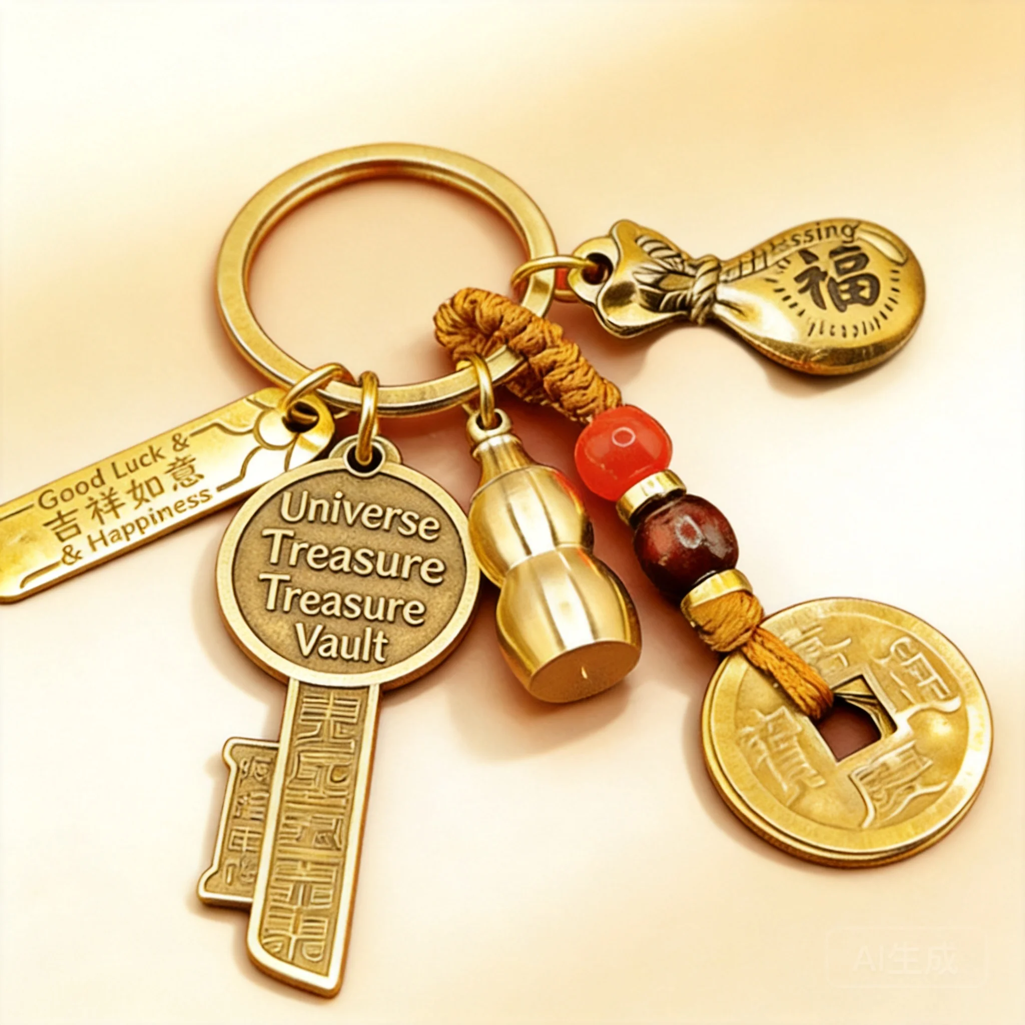 Brass Chinese Feng Shui Qiankun Treasure Key Chain 2026 Taoist Culture Five Way Wealth God Good Luck Amulet For Car Bag Daily