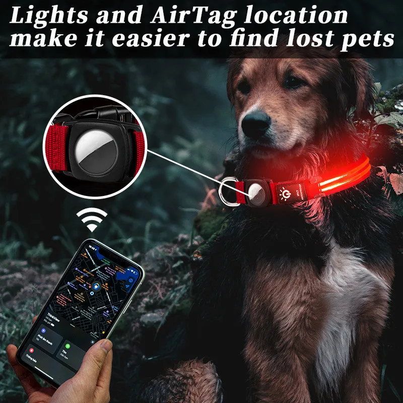 Air Tag LED Dog Collar GPS Finder WaterProof Led Collar Light USB Chargeable Swimming Night Safety For Air Tag Tracker Holder