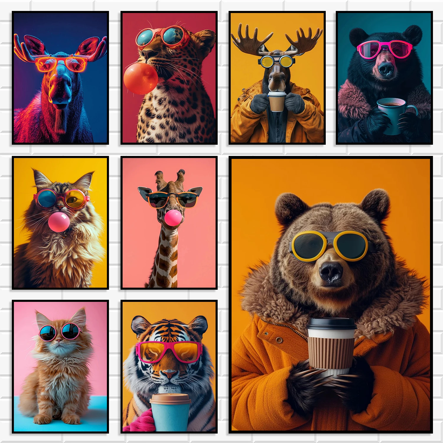 Nordic Pop Art Animal Wall Prints Funny Moose Leopard Giraffe Cat Tiger Bear Canvas Painting, Aesthetic Home Decor Poster Gift