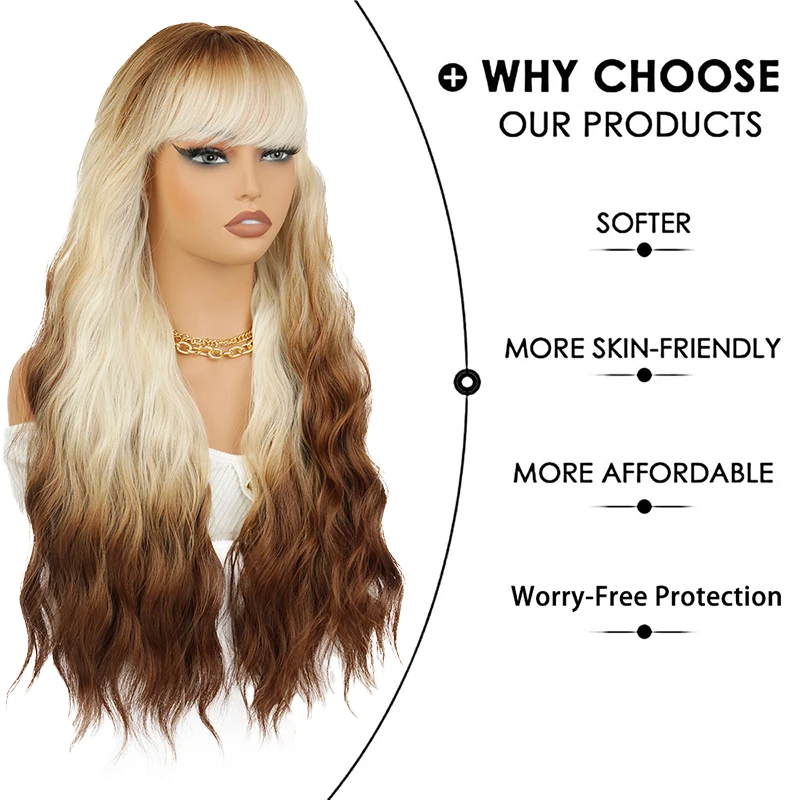 Ombre Brown Blonde 26Inch Long Wavy Curly Wig with Bangs Heat Resistant Synthetic Natural Looking Wig For Women Daily Wear Party