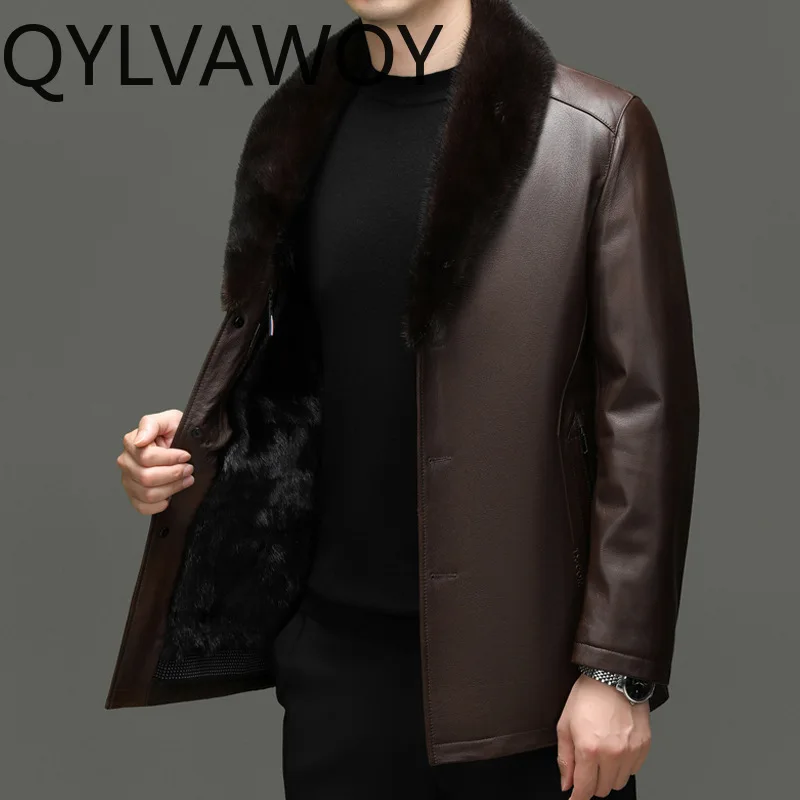 QYLVAWOY Real Leather Jacket Men Goatskin Leather Coat Notched Lapel Mink Fur Liner Luxury Mens Jacket Brand Chaqueta Hombre
