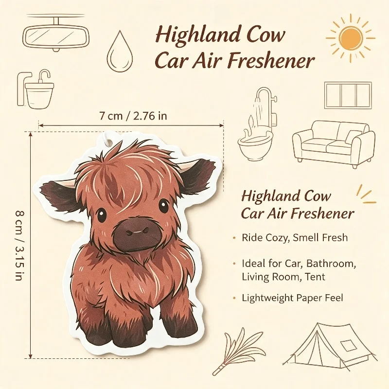Car Air Freshener Cute Fluffy Highland Cow Hanging Scent Card for Car Rearview Mirror Decor Ornament Gift