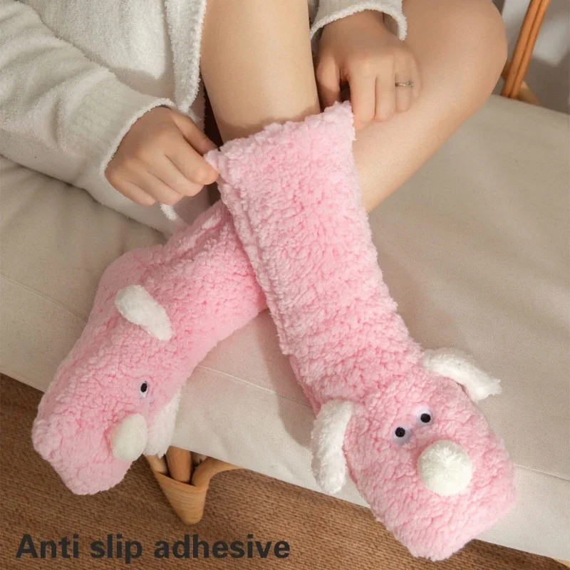 Women Winter 3D Dog Ears Fuzzy Slipper Socks Nonslip Warm Socks with Grip Thick Furry Plush Socks for Home Sleeping Y1QD