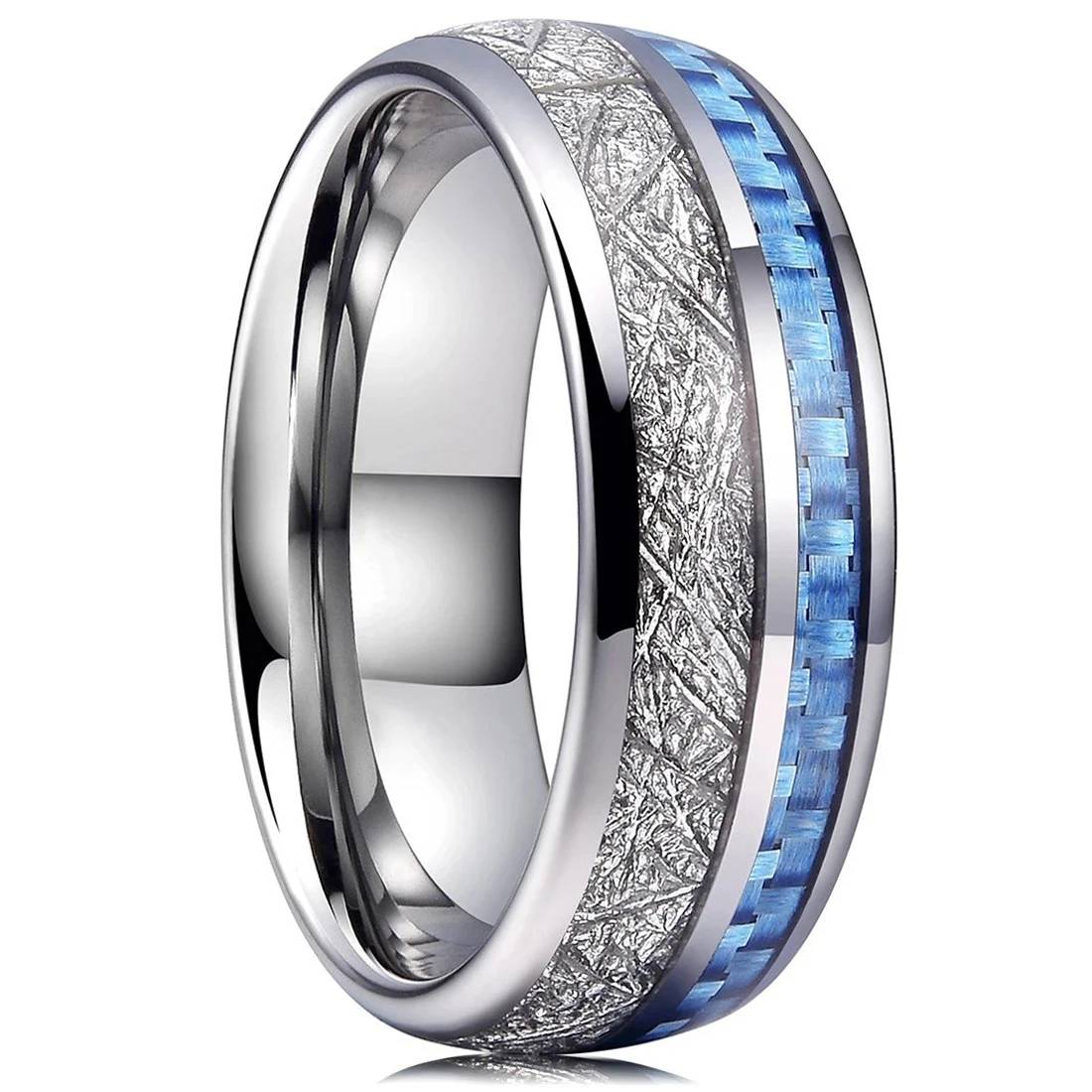 Fashion 8mm Men Silver Color Stainless Steel Ring Vintage Meteorites and Blue Carbon Fiber Rings For Men Wedding Band Jewelry