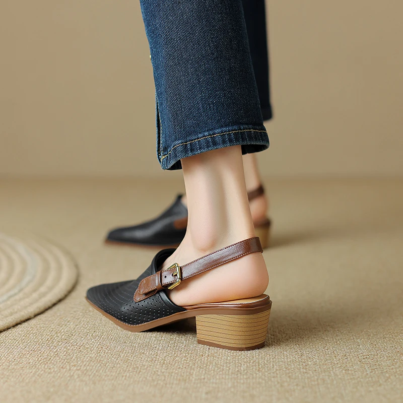 2023 New Pointed Toe Sheepskin Closed-toe Sandals Woman Buckle Square High Heel Sandals Vintage Ladies Dress Summer Shoes