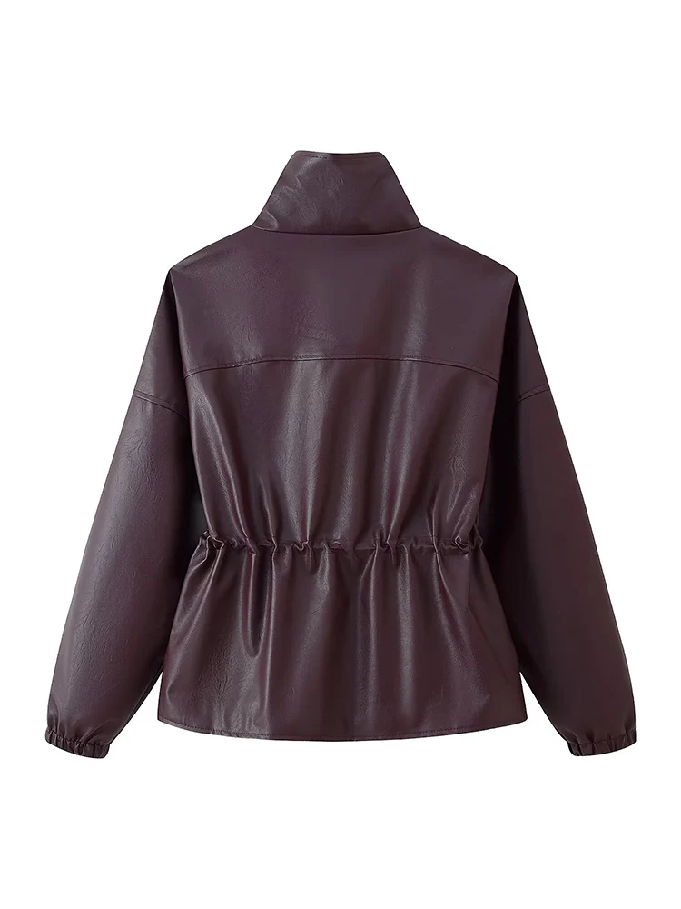 Veste en Faux cuir pour femme, couleur unie, col montant, poches, manteaux en cuir Pu, taille étroite, vêtements d'extérieur, automne