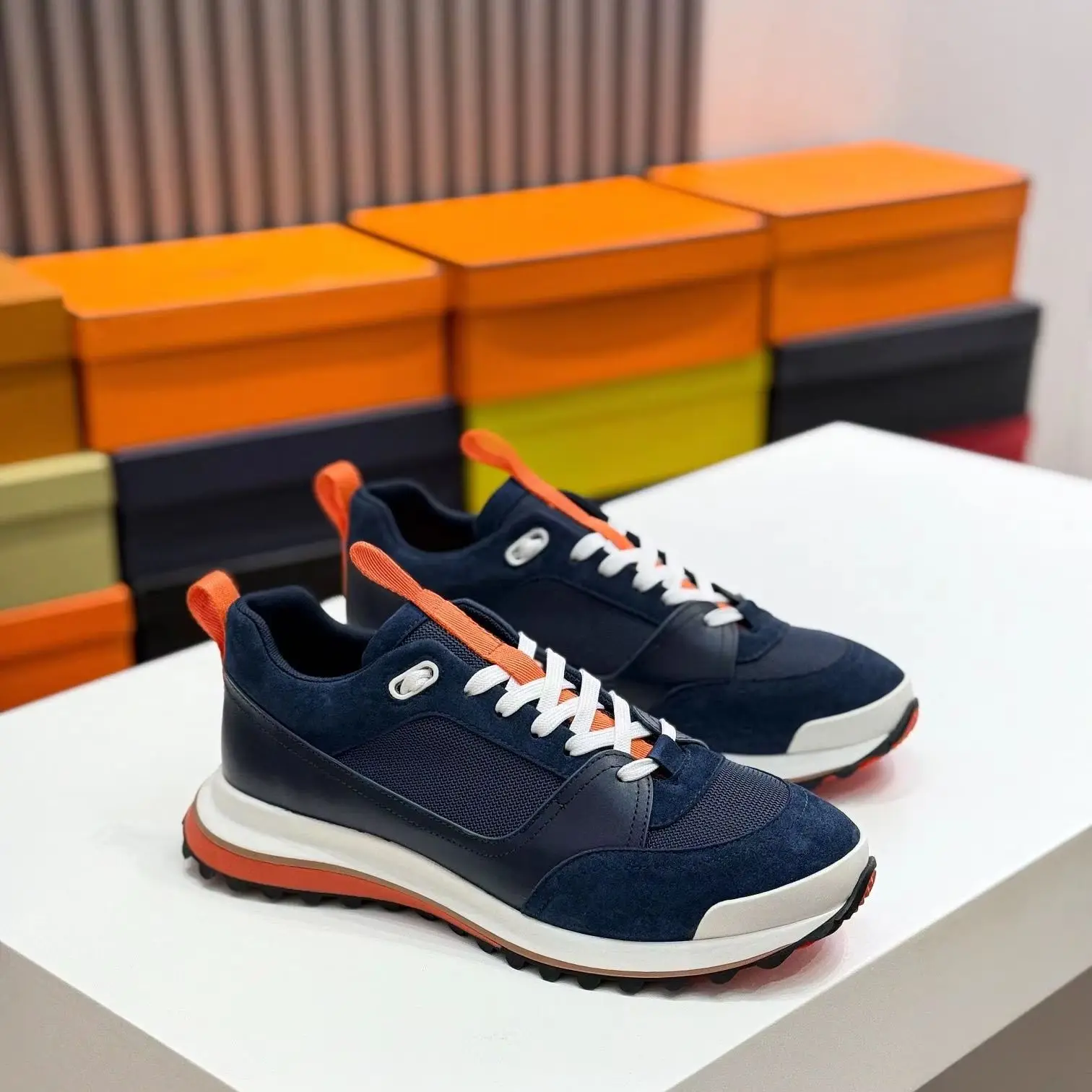 Navy Orange Color Block Suede Mesh Sneakers Unisex for Men Women