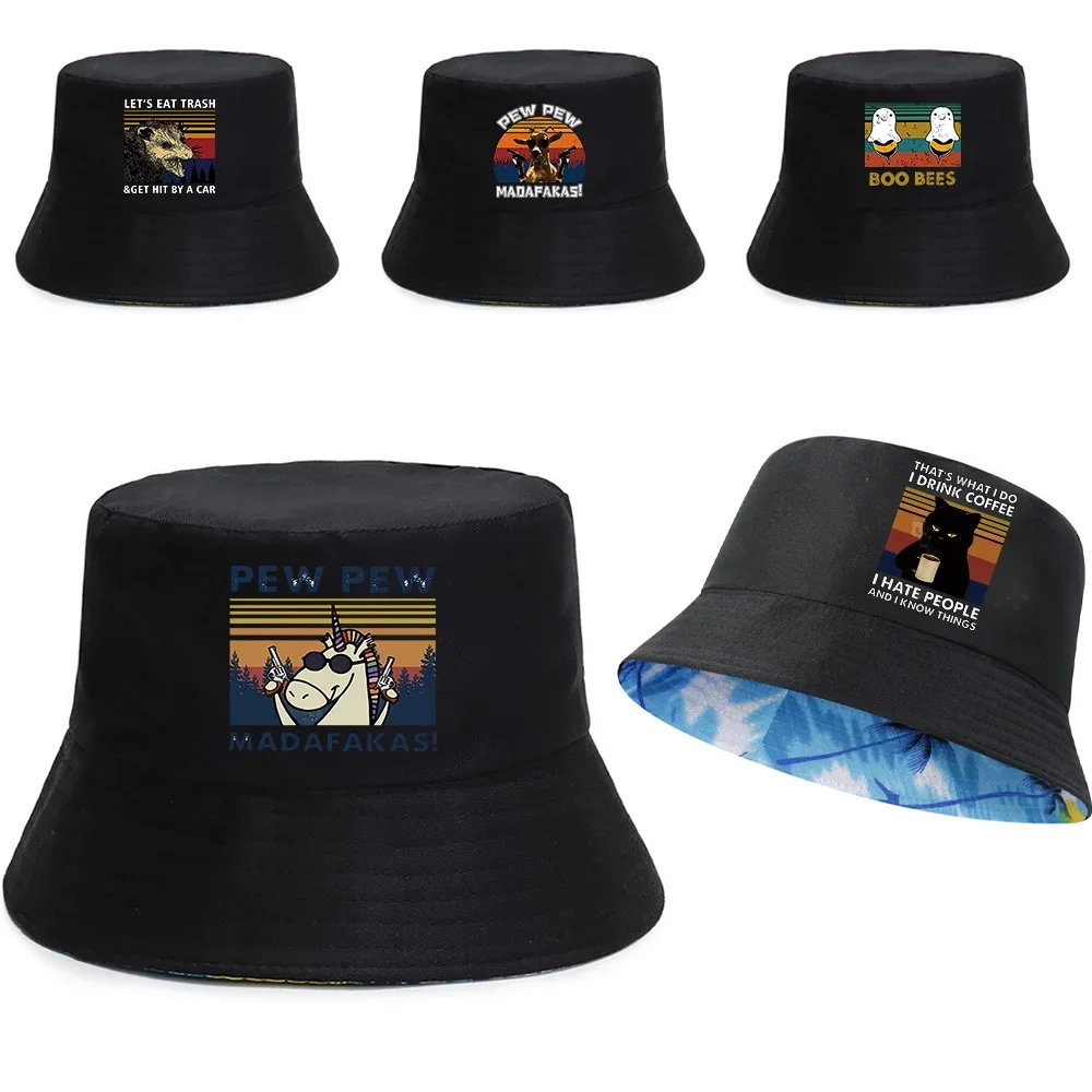 

New Fisherman Caps Unisex Summer Outdoor UV-proof Visors Panama Cap Pew Print Foldable Fishing Beach Hats Reversible Bucket Hat