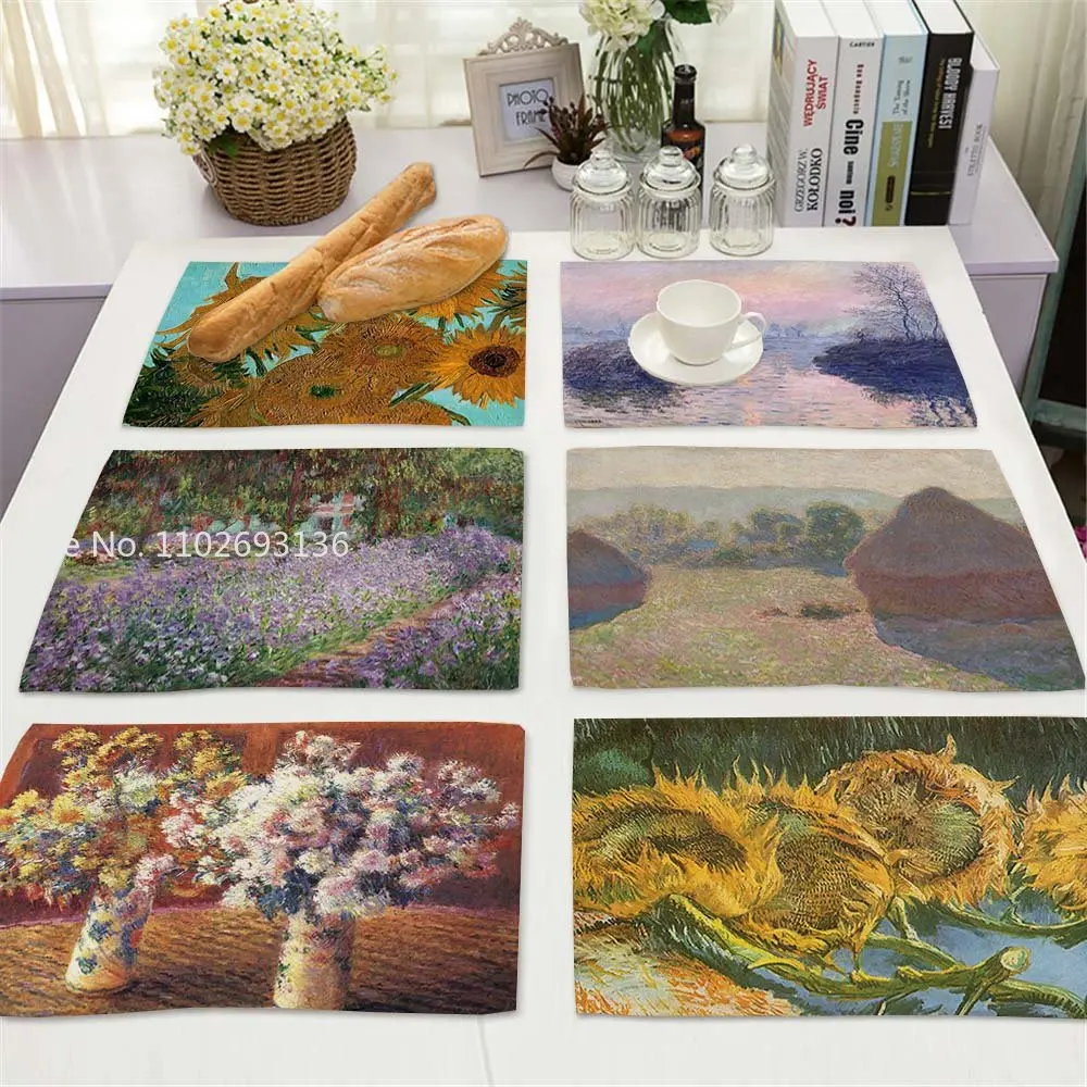 Monet Placemat Famous Oil Paintings Van Gogh Kitchen Decor Cotton Linen Dining Table Coaster Pad Bowl Coffee Cup Mats Tablecloth