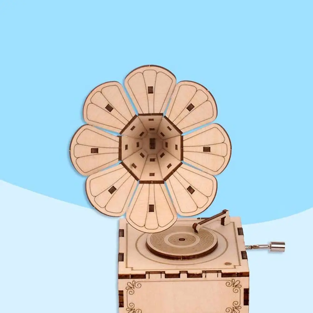 Handmade Creative Kits Toys Sounding Music Box Carving Mechanical Wooden Puzzle 3D Puzzle Gramophone Model Assembling Toy