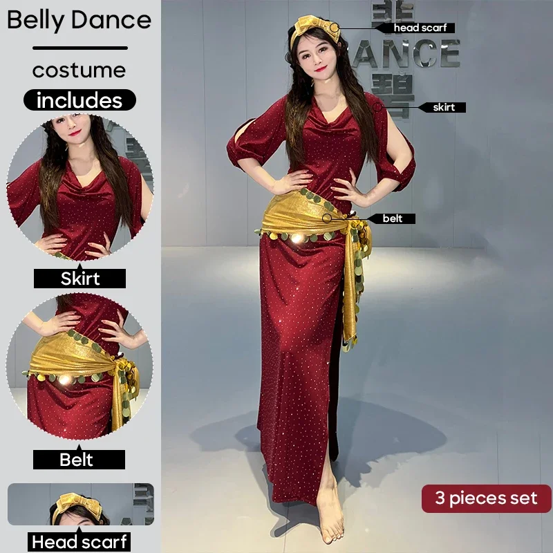 Ensemble 3 pièces, foulard, ceinture et jupe, Costume de danse du ventre, Costume de travail Sexy, vêtements d'entraînement pour femmes adultes, spectacle sur scène