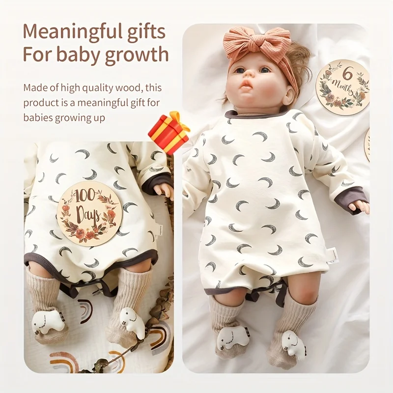 15PCS Floral Baby Monthly Milestone Cards Newborn Photography Props to Document Your Baby´s Growth Wooden Circles/Discs