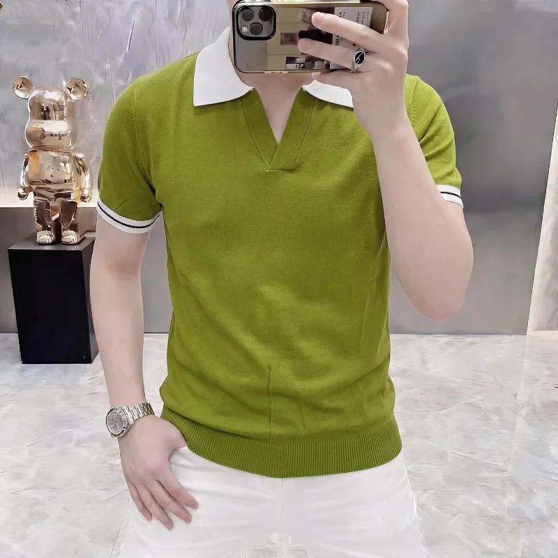 Summer Ice Silk Knitted V-neck T-shirt Men Slim Short Sleeved Breathable Casual Polo Shirts Versatile Social Business T-shirts