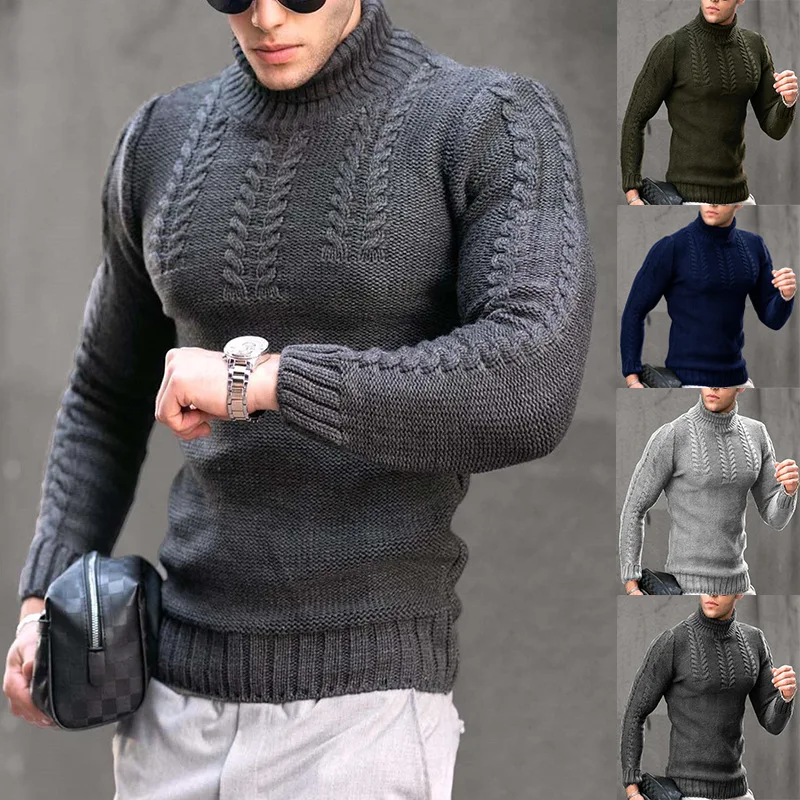 Autumn Winter New Men\'s Black Sweater Men\'s High Collar Long sleeved Knitted Shirt Warm Pullover Sweater Men\'s Blue Knitwear