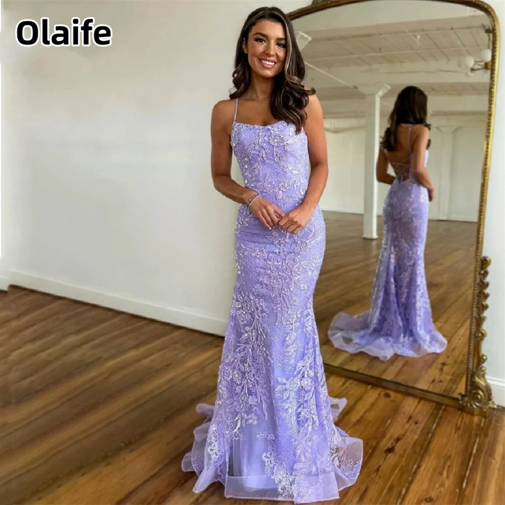 

Olaife Mermaid Lace Dresses Spaghetti Straps Corset Back Party Dress Sleeveless Pleats Special Occasion Dresses robe soirée