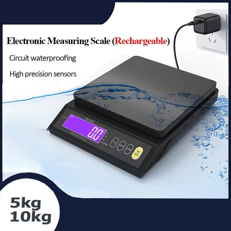 5kg/10kg Rechargeable Digital Kitchen Scale with LCD Display USB Rechargeable Fully Waterproof Household Baking Measuring Tools