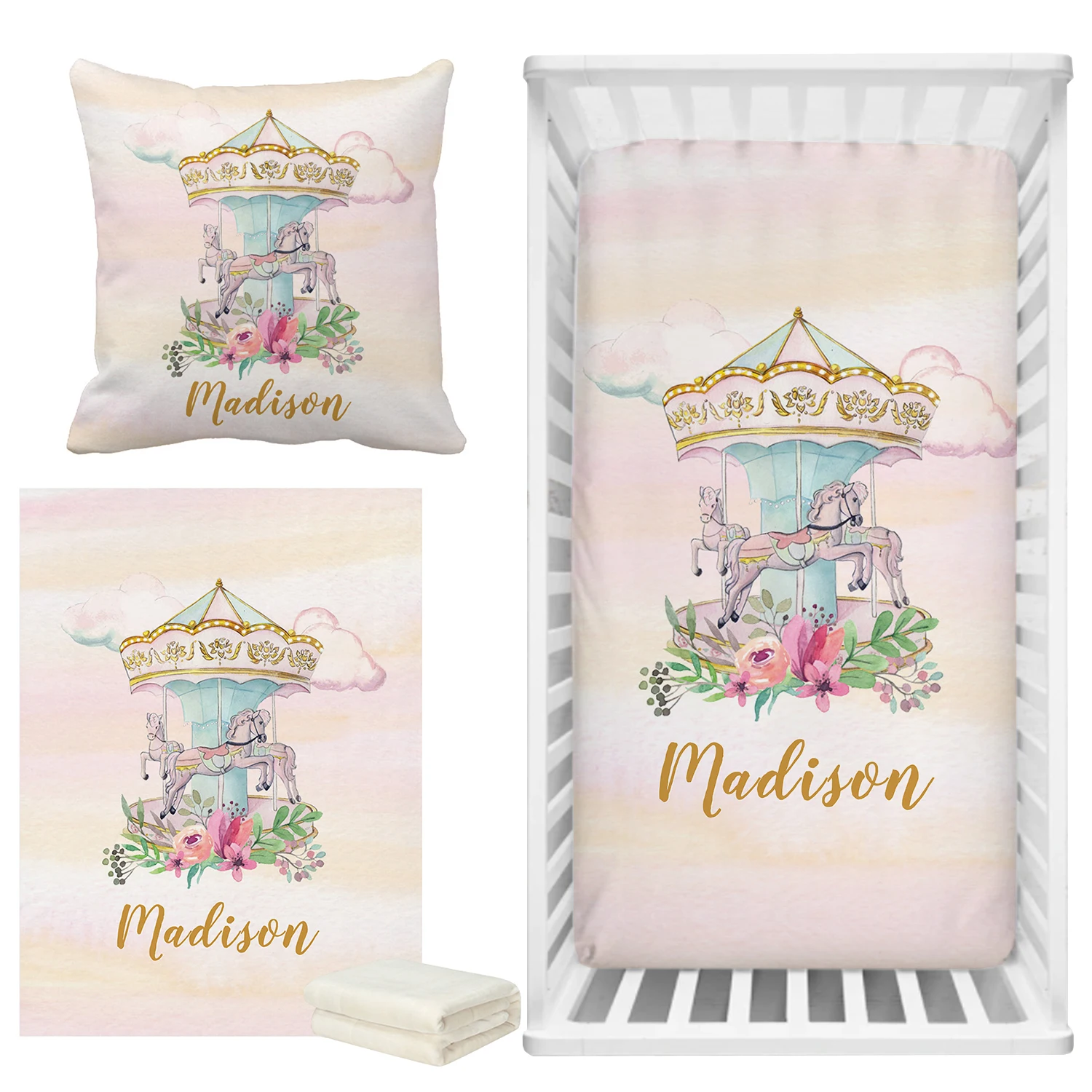 LVYZIHO Beautiful Floral Carousel Crib Bedding Set, Custom Name Floral Carousel Crib Sheet Set, Baby Shower Gift Bedding Set