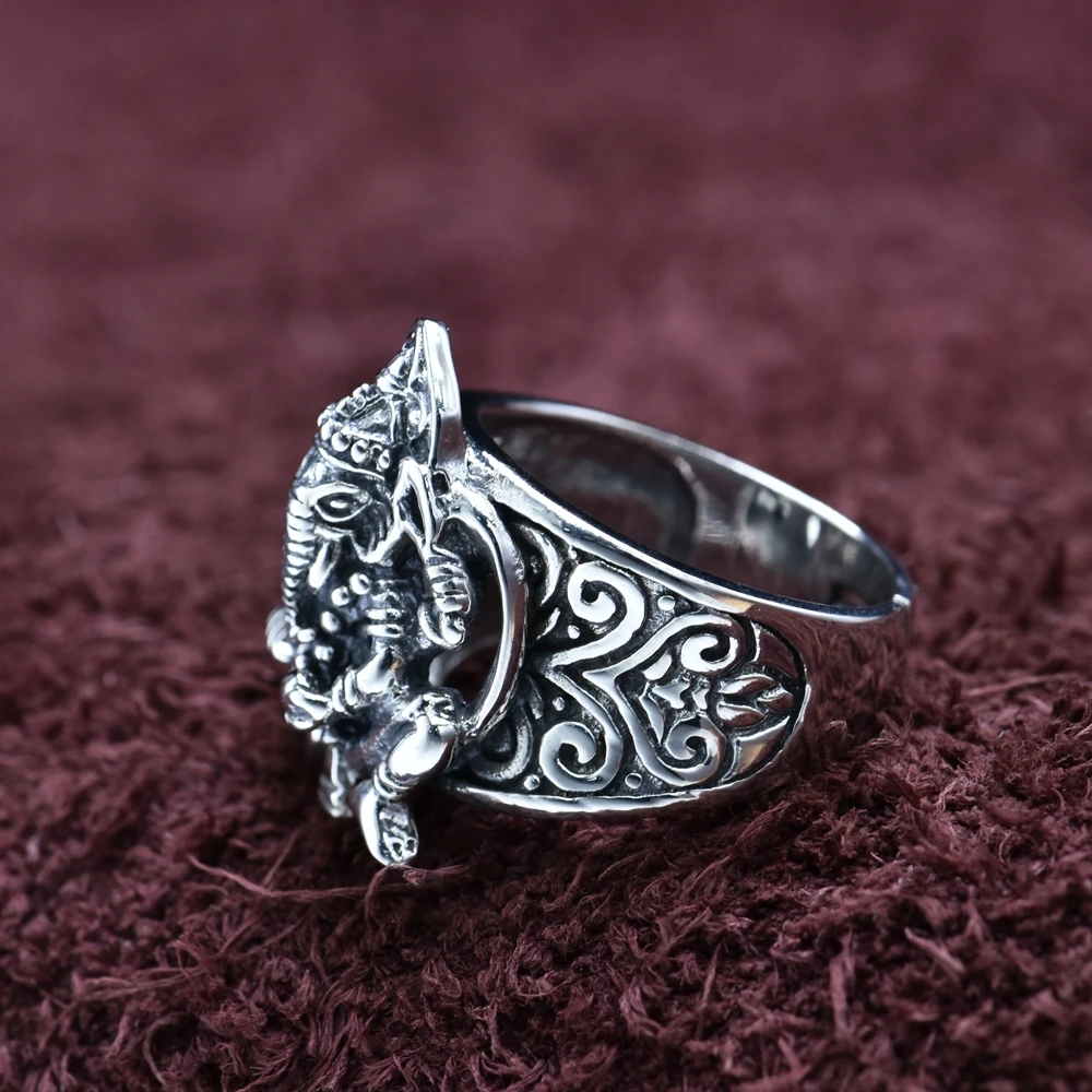 100%S925 sterling silver jewelry vintage Thai silver style Indian elephant nose idol god men's ring