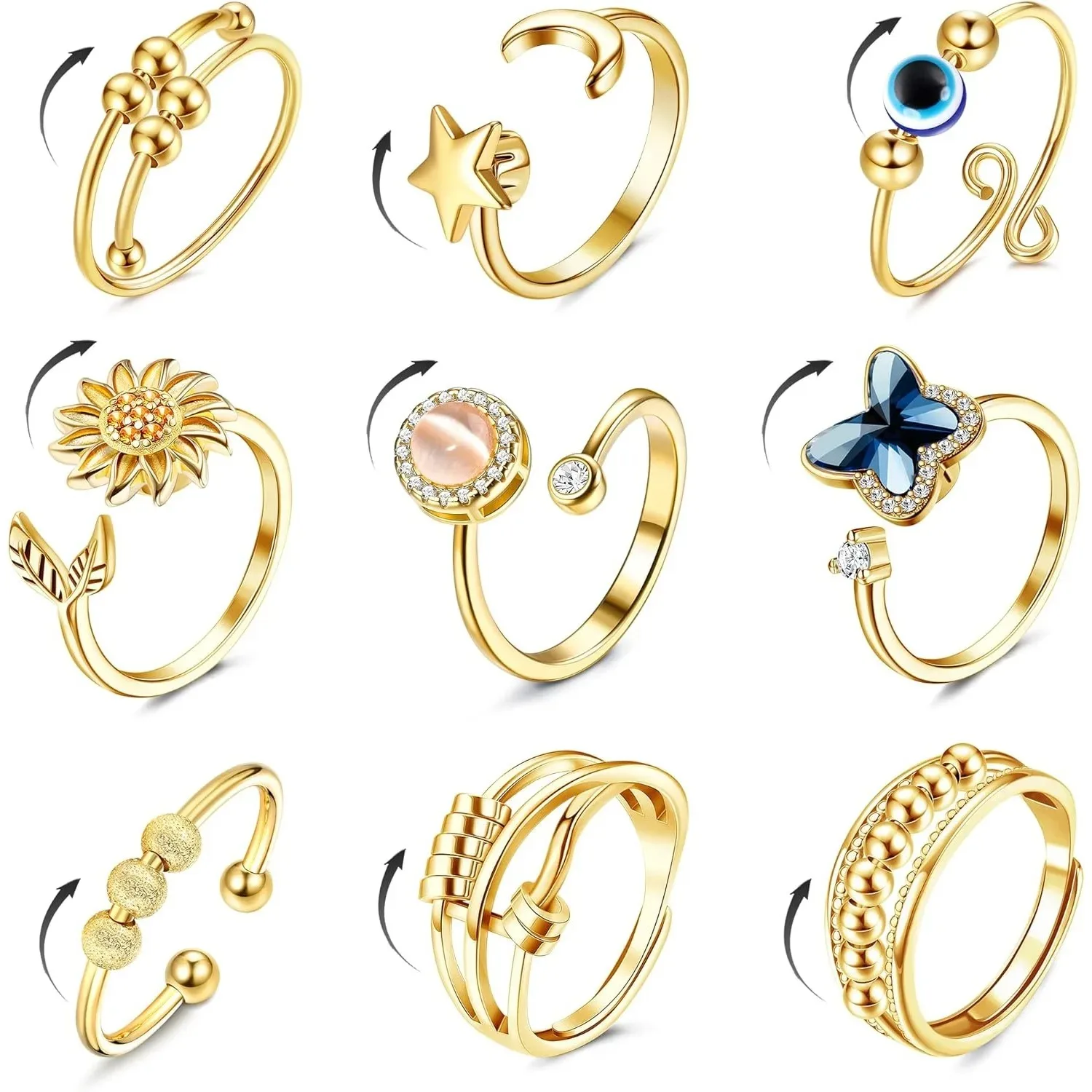 Bobisty 9-teiliges Fidget-Angstring-Set für Frauen und Männer, Spinner zur Stresslinderung, Offene Verstellbare CZ-Blumen-, Mond- und Sternringe als Geschenk