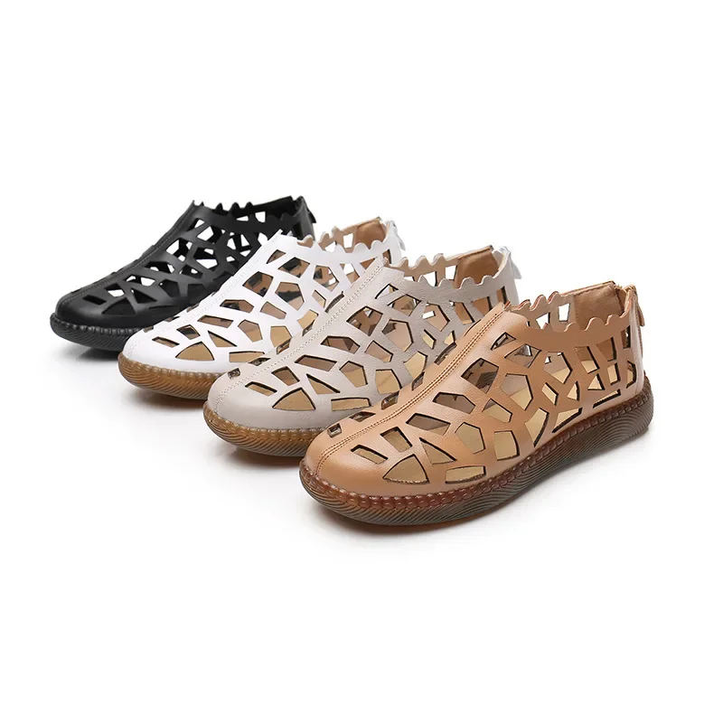 New Summer Round Toe Hollow Hole Shoes Woman Sandals Casual Sneaker Flat Soft Sole Comfortable Sandals Large Size Shoes