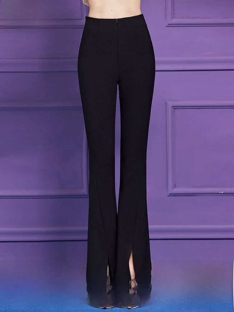 

Черные расклешенные брюки с высокой талией для женщин, весенние, струящиеся, стройнящие, для офиса, больших размеров, повседневные брюки-клеш