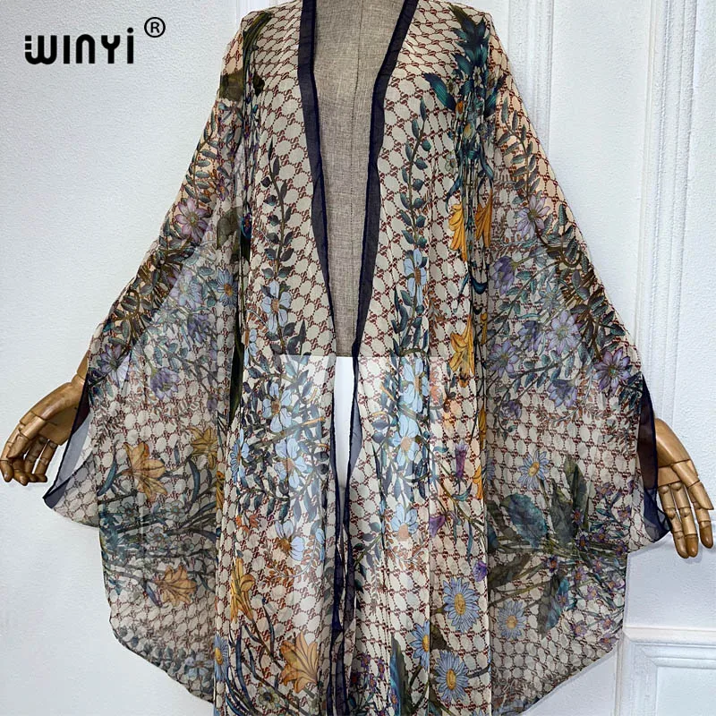 WINYI kimono letnia perspektywa seksowny kardigan sukienka plażowa maxi z nadrukiem Boho Kaftan osłona do bikini wakacyjną stroje plażowe dla kobiet