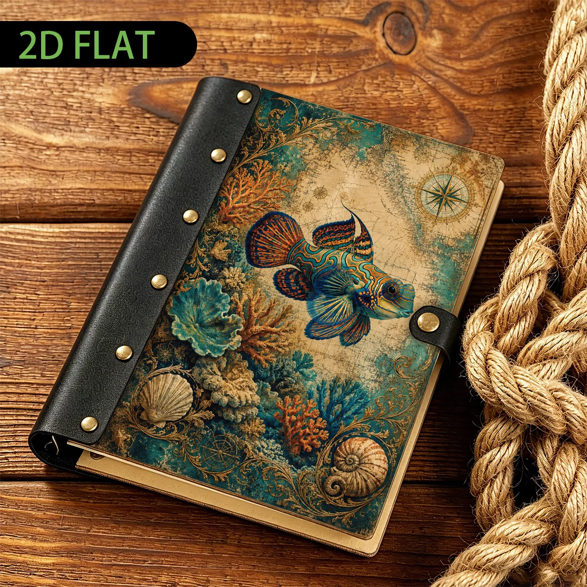 1pc Baroque Scroll Border Mandarinfish Vintage Nautical Map Hardcover Notebook, Travel Journal, 100 Pages, 2D Flat Leather and W