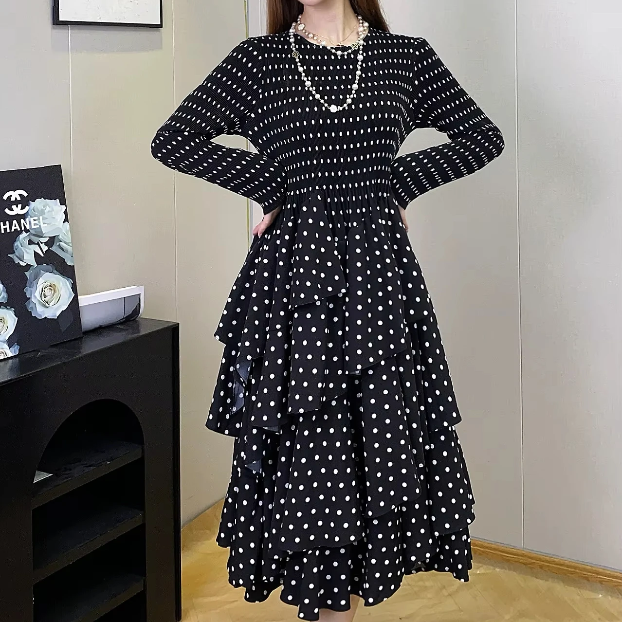 

Printed Polka Dots 2024 Hot Selling Ladies Casual Dress Stretch Loose Round Neck Long Sleeve Pleated Cake Dress