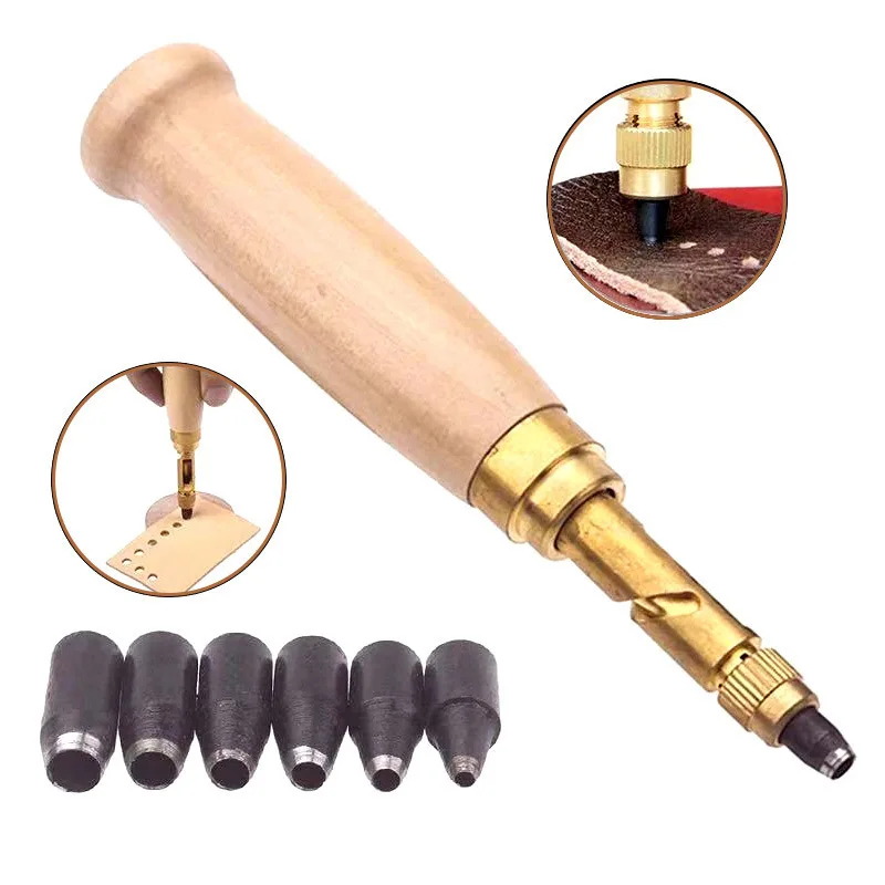 Leather Hole Punch Pliers Silent Spring Loaded Belt Punch Tool with 6 Round Heads for DIY Leather Craft