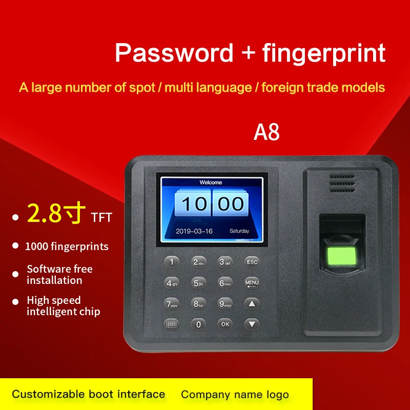 

2.8"Multi-language Biometric Fingerprint Time Attendance Clock Recorder Employee Recognition Recording Device Electronic Machine