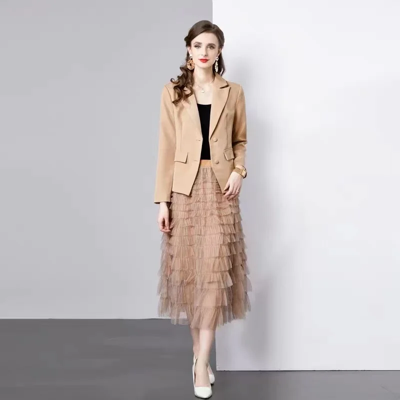 New Elegant Autumn Two Piece Set For Women Notched Collar Single Breasted Blazer Coat +Mesh Layers Ruffles Cake Long Skirt Suits