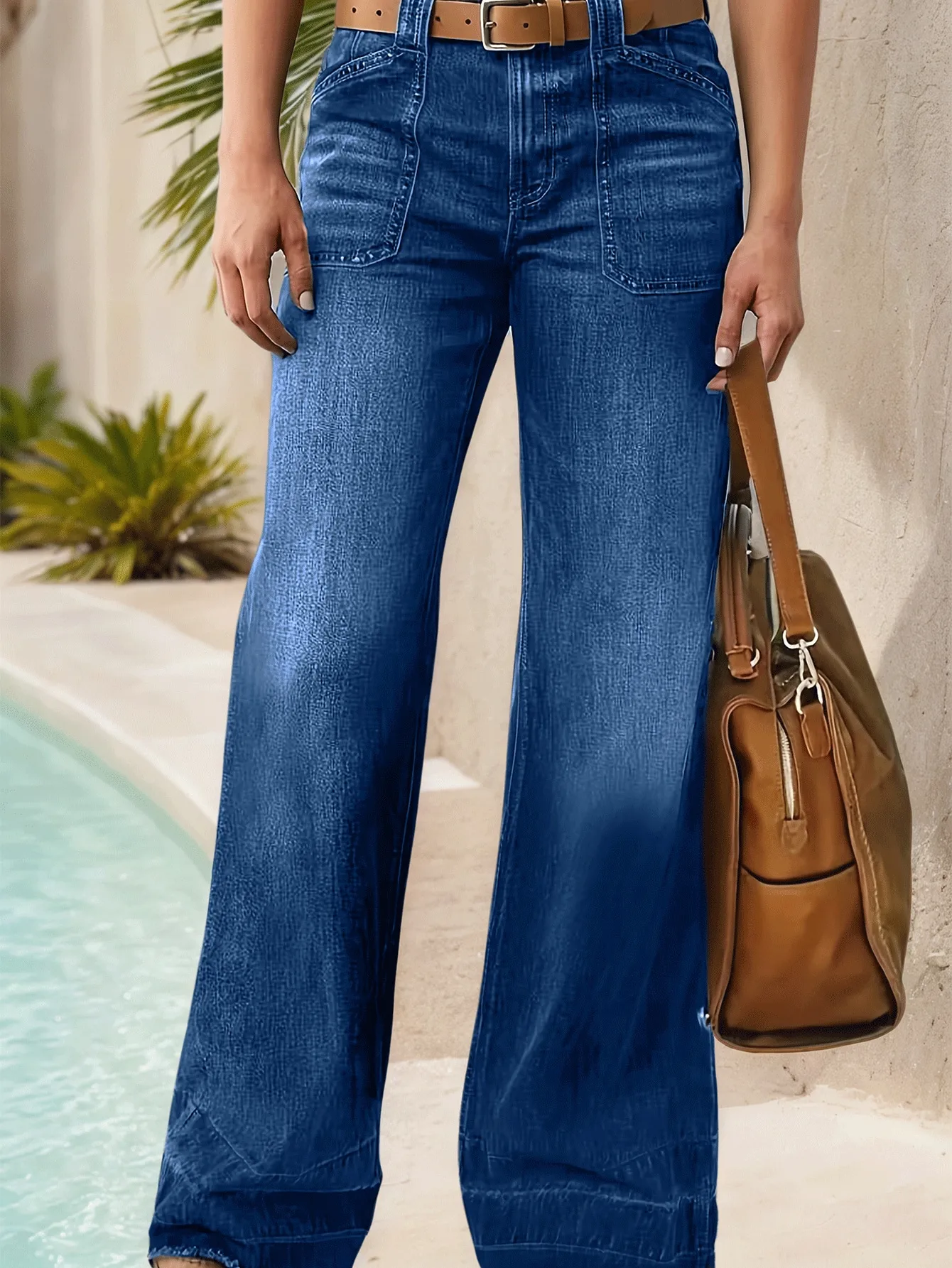 Jean en denim délavé bleu vintage à jambe droite pour femme - Vêtements décontractés de style rétro