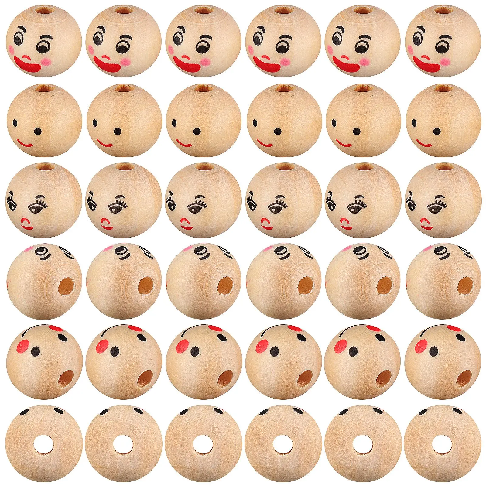 100 Pcs Round Face Beads Pieces Natural Wooden 20mm Decor Chiristmas Tree Garland Craft Smiling Face Loose For Bracelets 2025