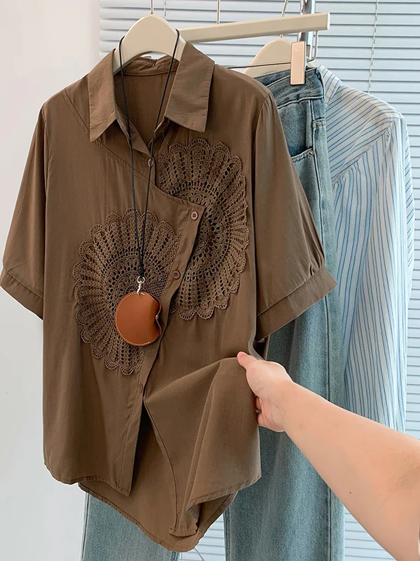 

Summer New Women's Loose Fit ort Sve Collar irt Asymmetric Design Faionable Casual irt Regular Length Single ...