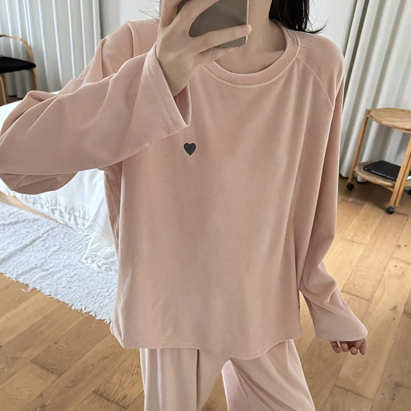 

Pajama Sets Valentines Day Women Velvet Korean Style Bow Detail Plush Texture Insulating Warm Lace Trim Scoop Neck Long Sleeve