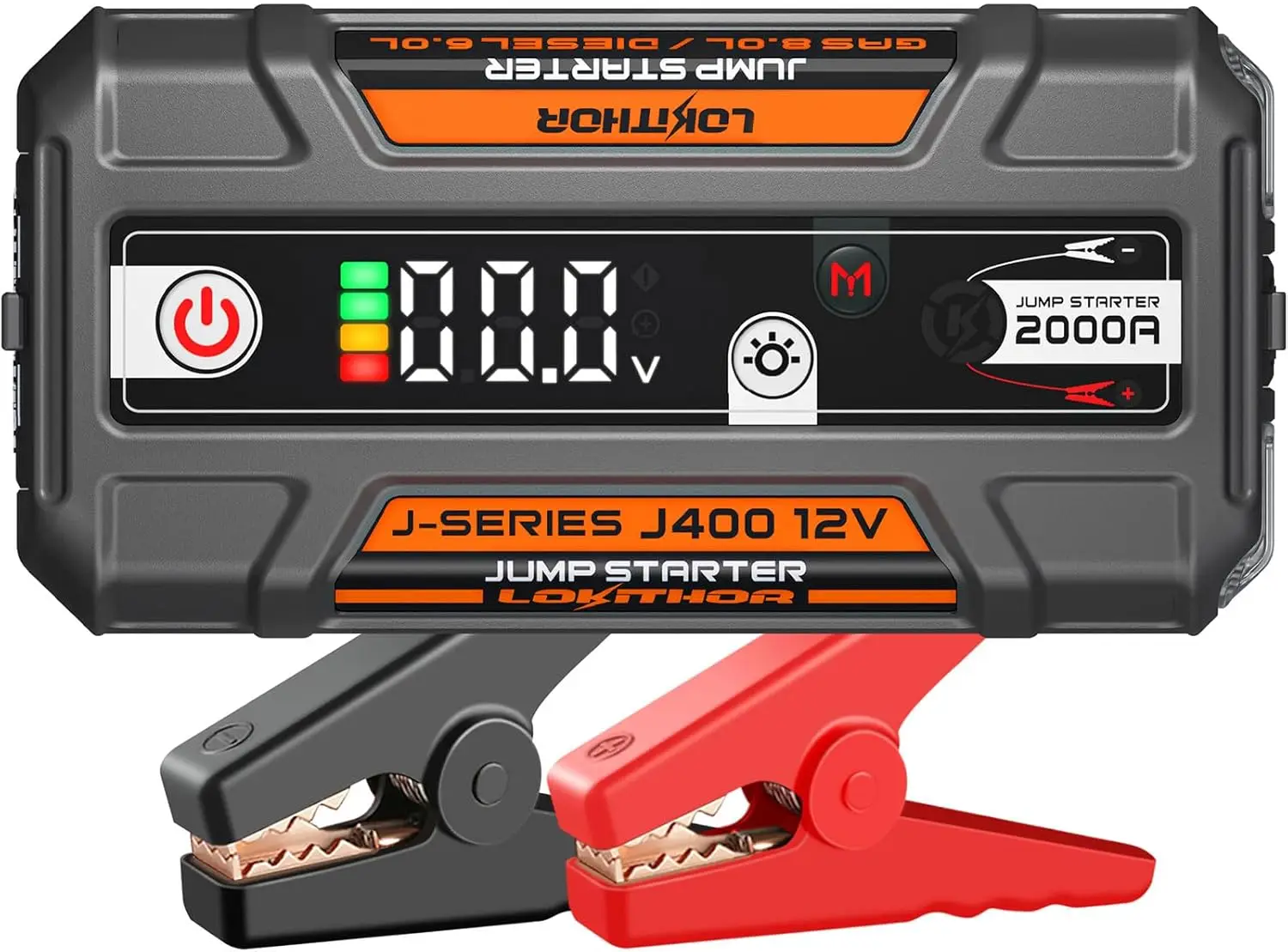 เครื่องช่วยสตาร์ทรถยนต์แบบพกพา J400 2000A 12V ใช้แบตเตอรี่ลิเธียม พร้อมพอร์ต USB-C สำหรับชาร์จแบตเตอรี่ และสายจั๊มพ์สตาร์ท สำหรับเครื่องยนต์เบนซินสูงสุด 8.0 ลิตร และดีเซลสูงสุด 6.0 ลิตร