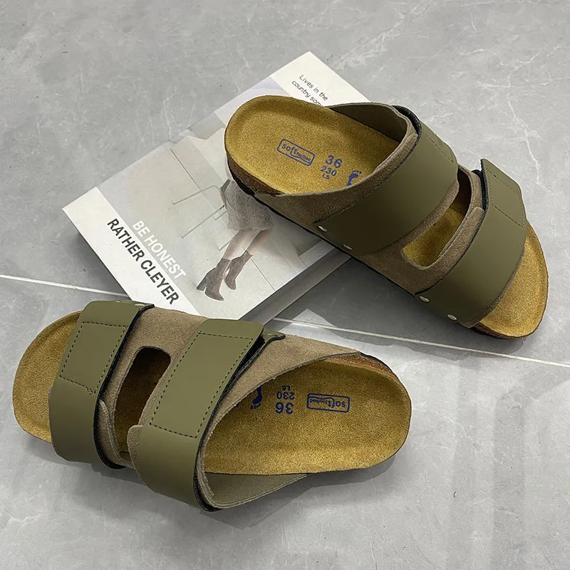 2026 New Retro Cork One Word Slippers Casual Two Horizontal Velcro Dragging Flat Bottom Cool Slippers