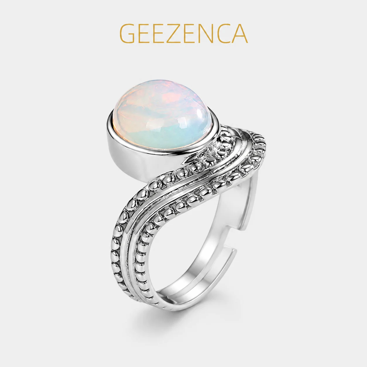 GEEZENCA Oval Opal Stone 925 Sterling Silver Adjustable Rings Women Surface Carved Chunky Trendy Open Cocktail Ring Party Gift
