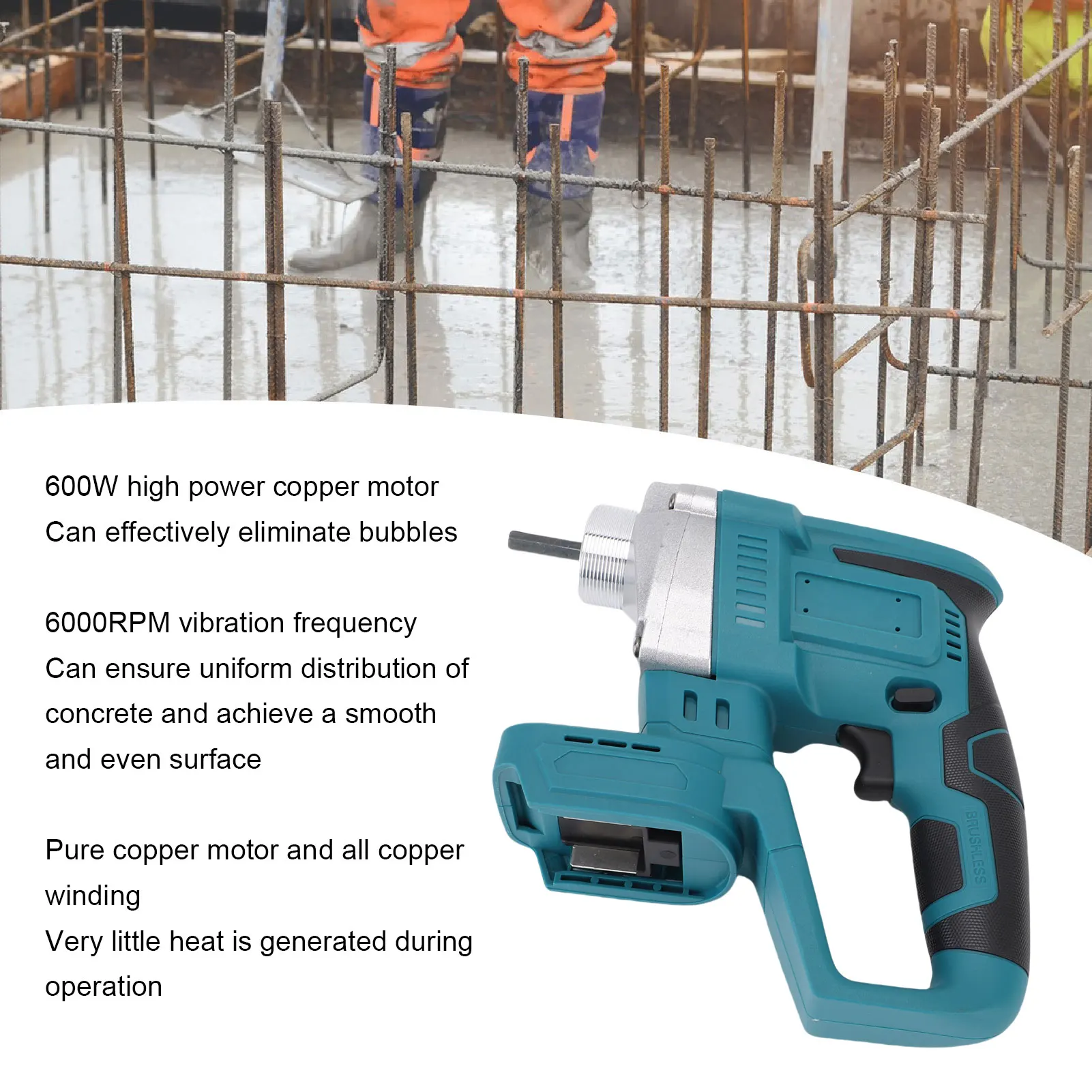 Electric Concrete Vibrator 18V Battery Powered Copper Motor 600W Electric Concrete Vibrating Tool Versatile for Bubble Removal