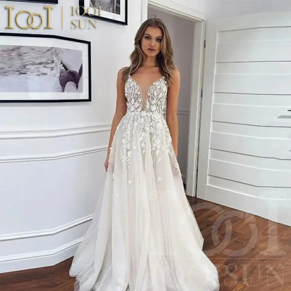 IOOISUN Spaghetti Strap Deep V Neck Wedding Dress For Bride Lace Appliques Sparkly Tulle Backless Bridal Gowns Customized